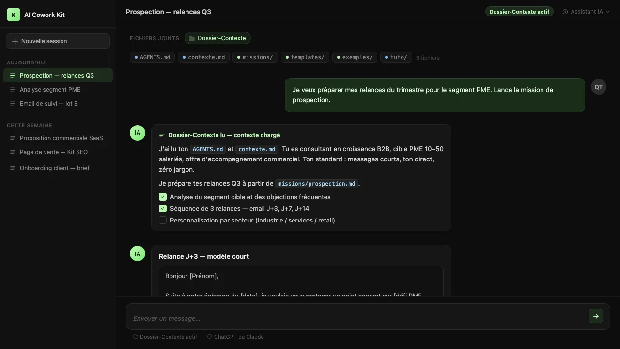 AI Cowork Kit utilisé dans une interface de chat IA