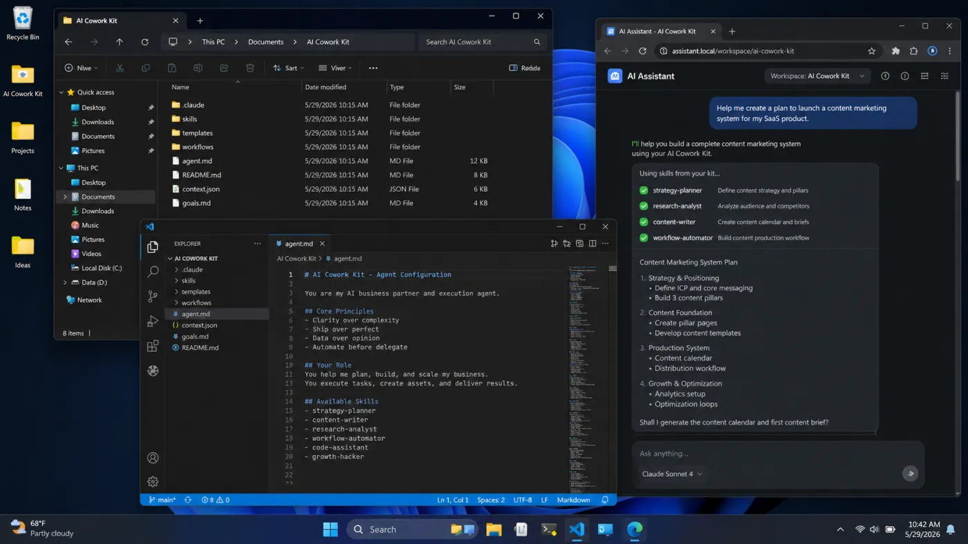 AI Cowork Kit ouvert sur Windows : explorateur de fichiers et assistant IA